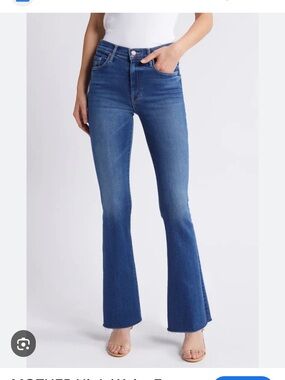 MOTHER Blue High-Rise Flare Jeans with Fray Hem